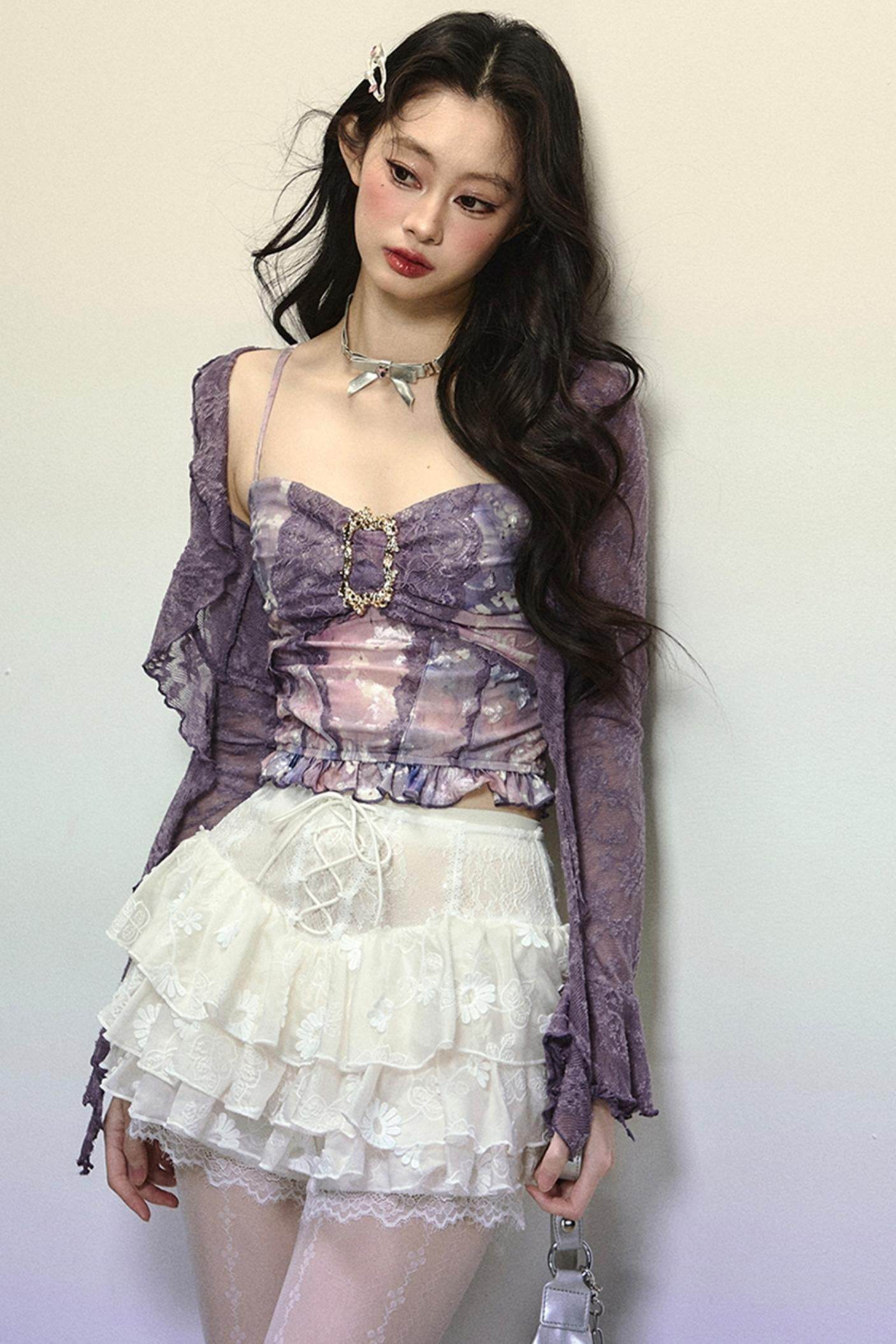 Oil Painting Lace Halterneck Top & Coat Set-Up - My Store