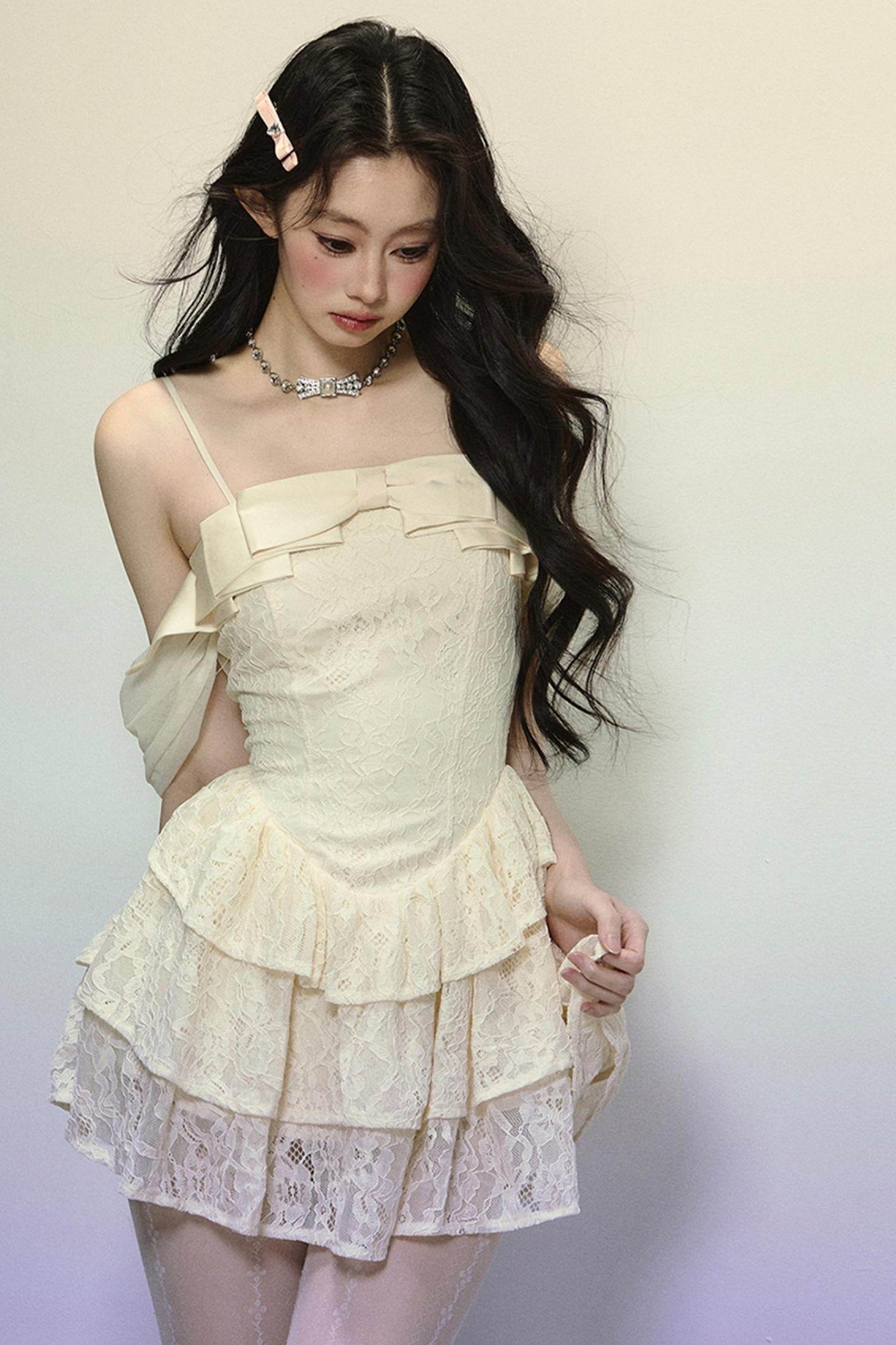 One-Shoulder French Lace Slip Dress - My Store