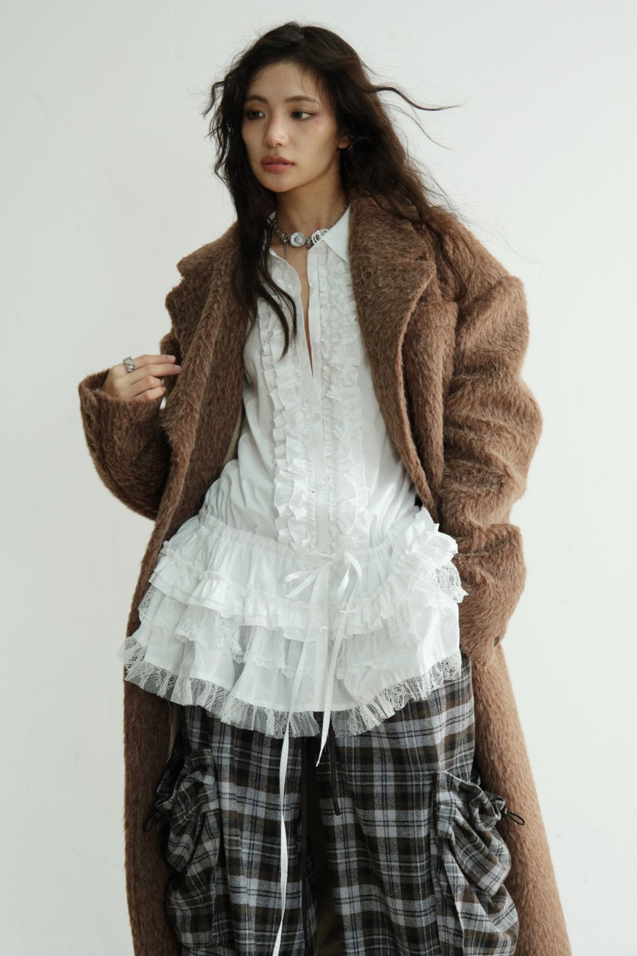 White Lace Tie-Waist Long Sleeve Blouse Top