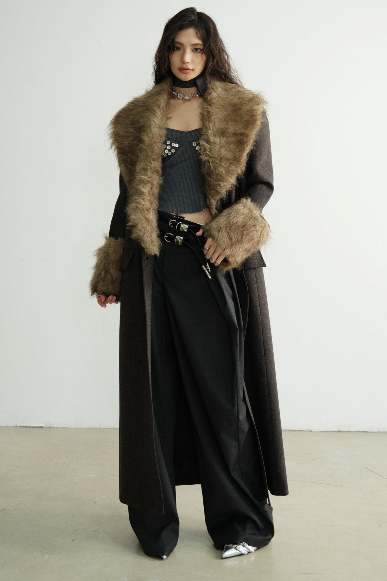 Detachable Fur Collar Long Blazer Jacket