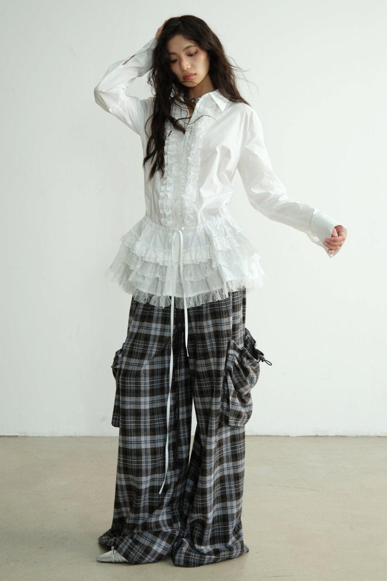 White Lace Tie-Waist Long Sleeve Blouse Top