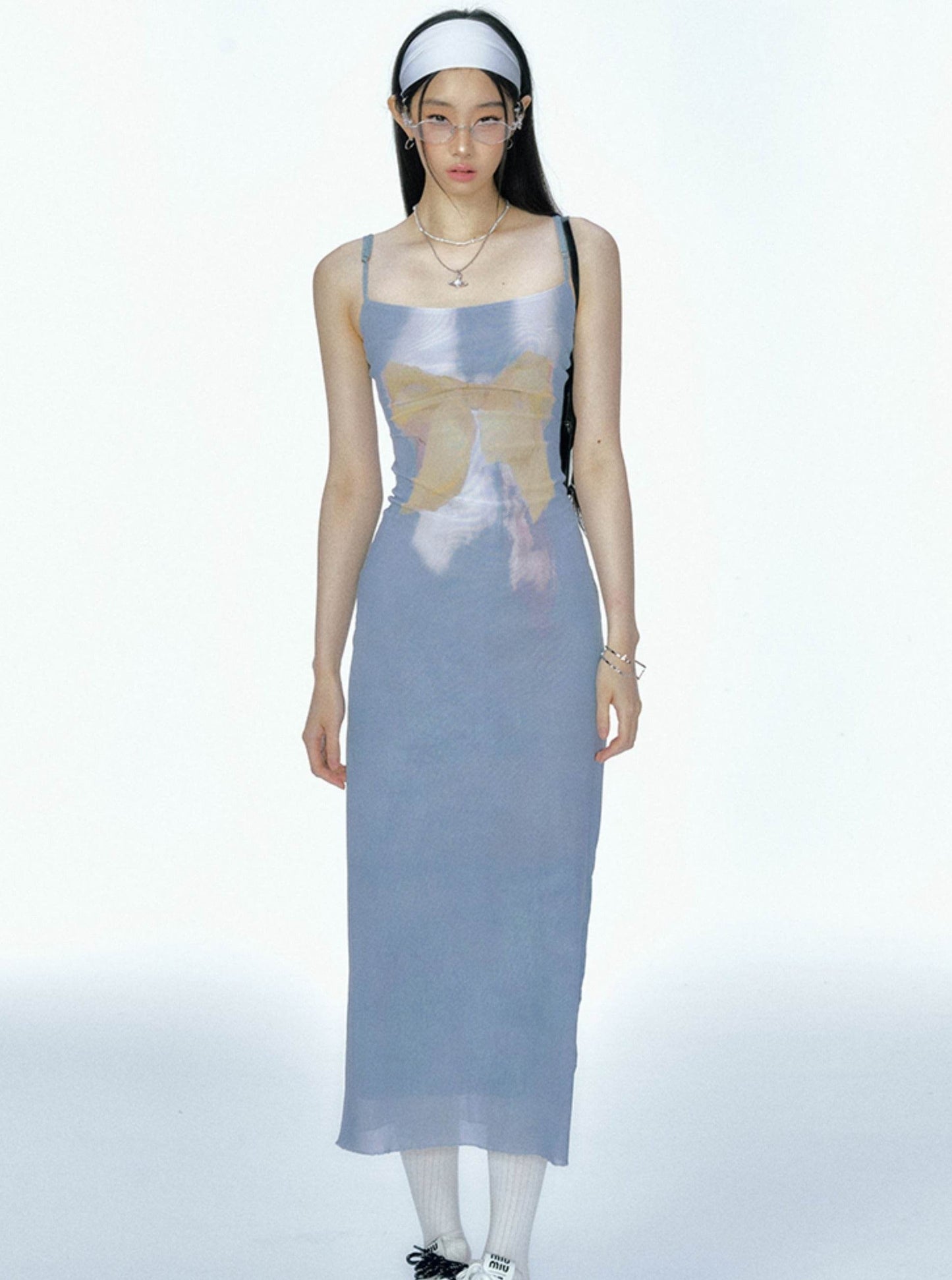 Bow Mesh Print Slip Dress - My Store