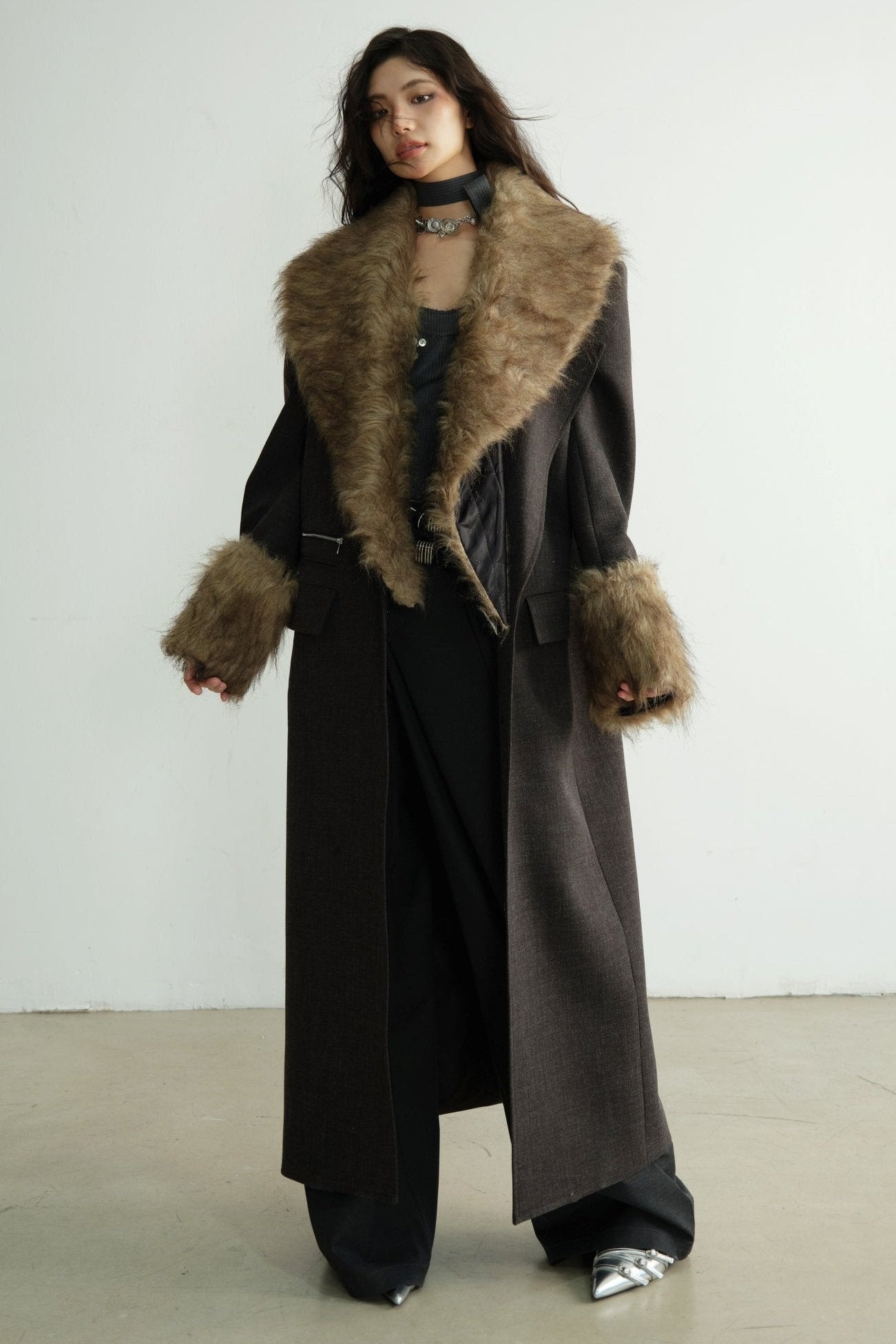 Detachable Fur Collar Long Blazer Jacket