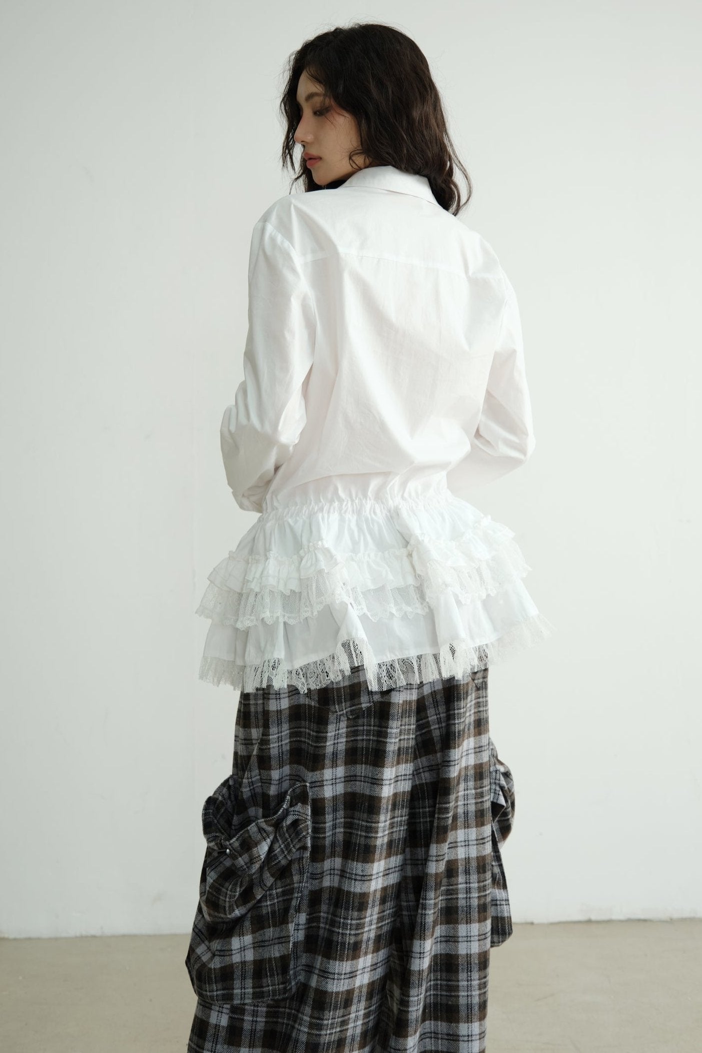 White Lace Tie-Waist Long Sleeve Blouse Top