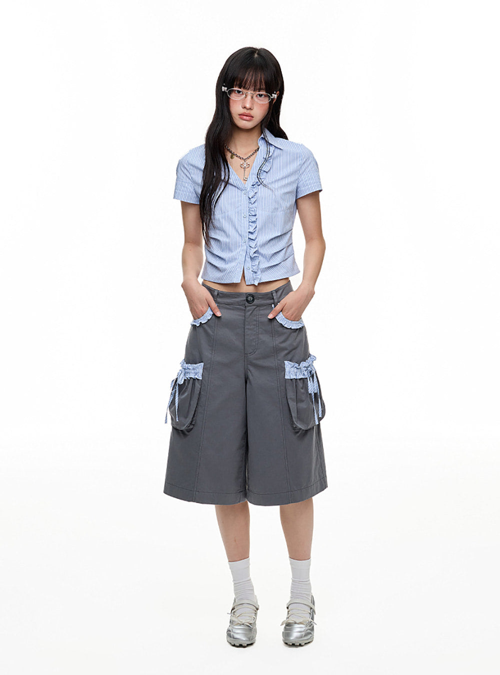 Stripe Pleated Two Layer Shorts & Pants Set