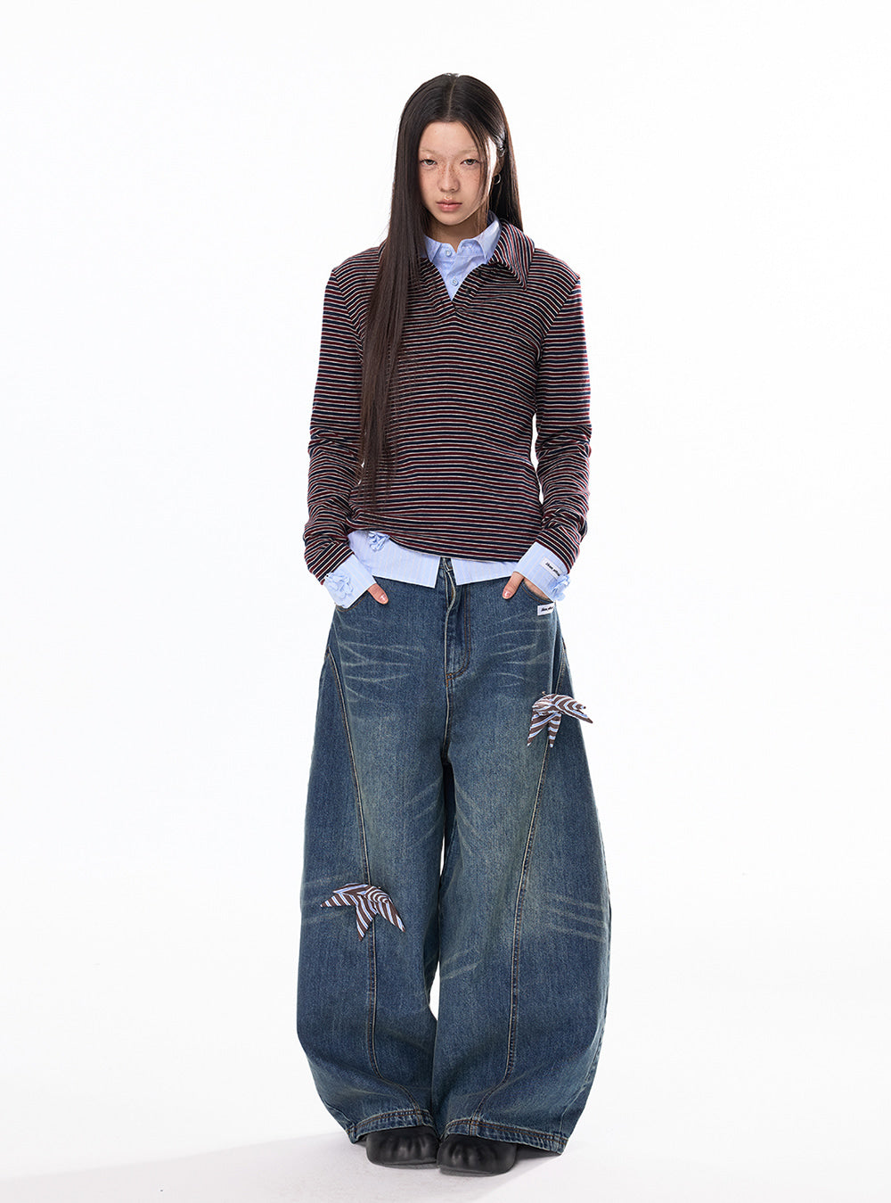 Wool Polo Collar Stripe Long Sleeve Top