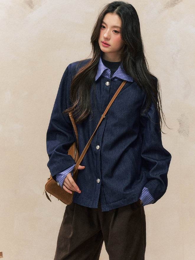 Plaid Contrast Collar Cotton Jacket - My Store