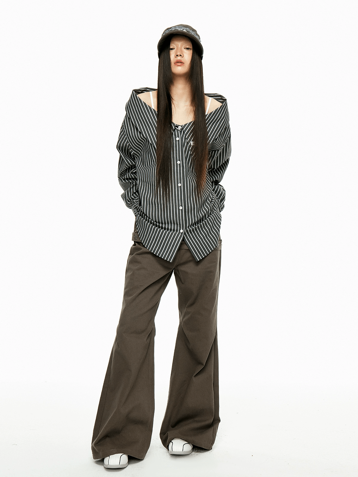 Detachable Off-Shoulder Striped Shirt