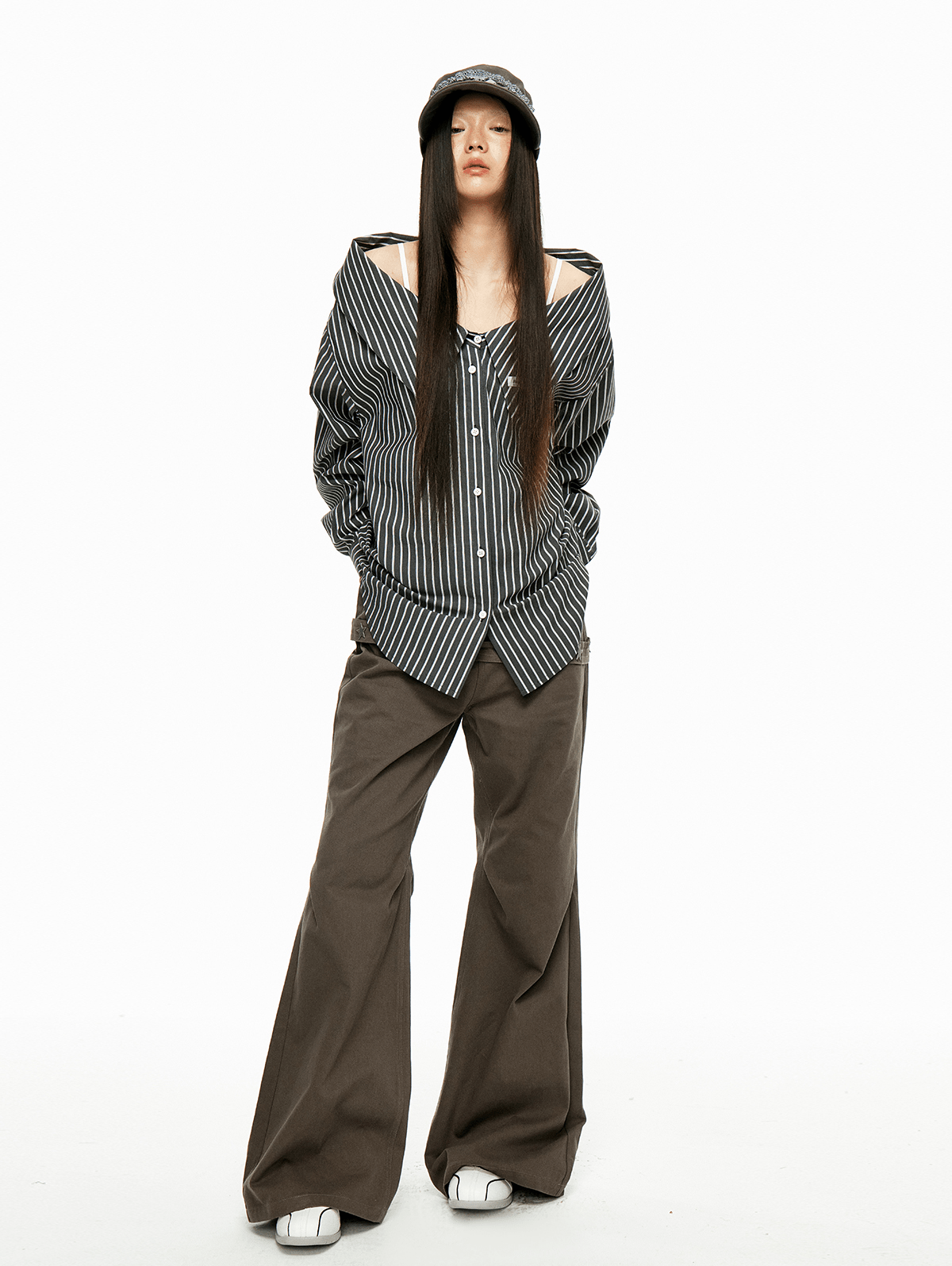 Detachable Off-Shoulder Striped Shirt