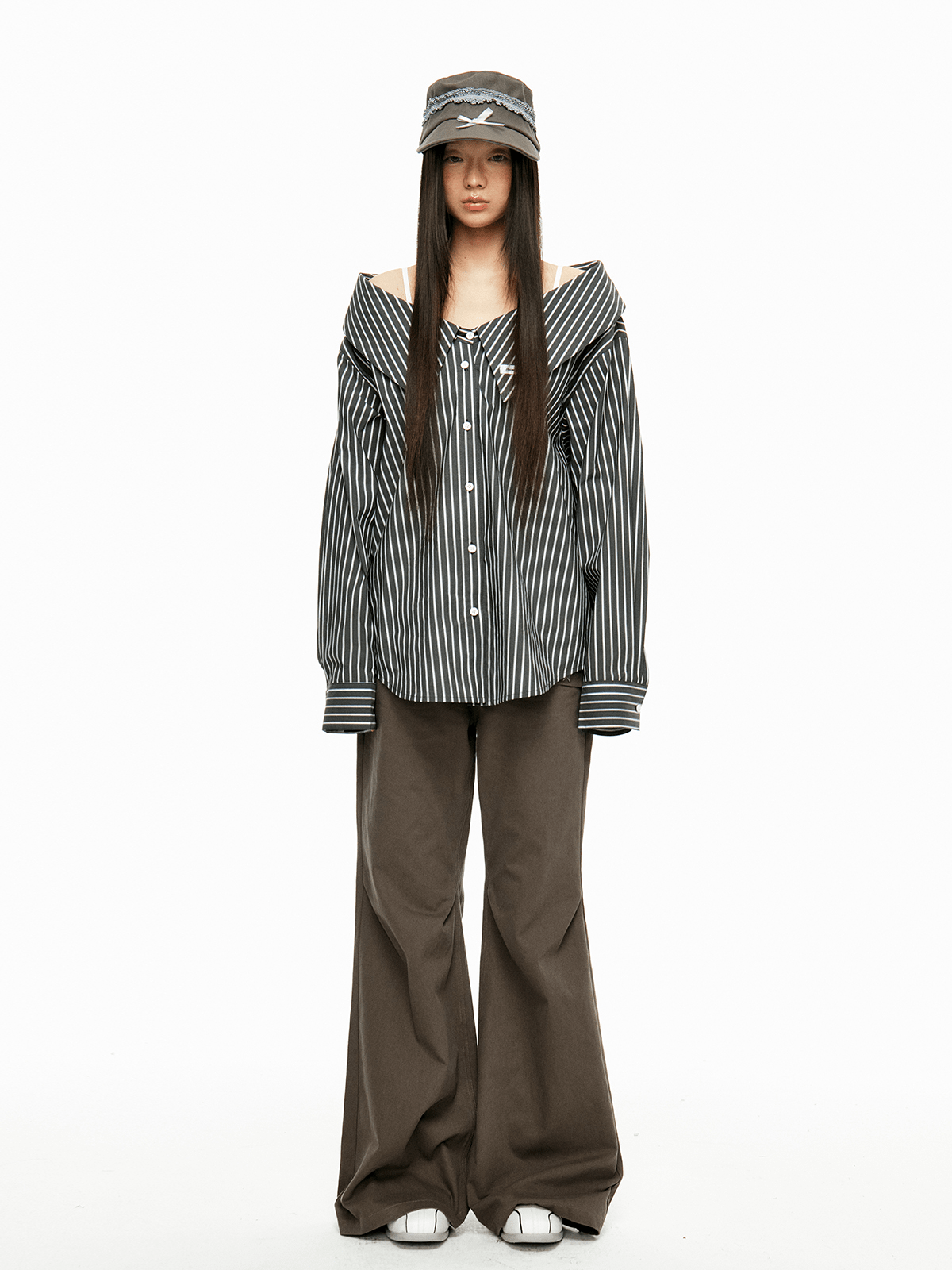 Detachable Off-Shoulder Striped Shirt
