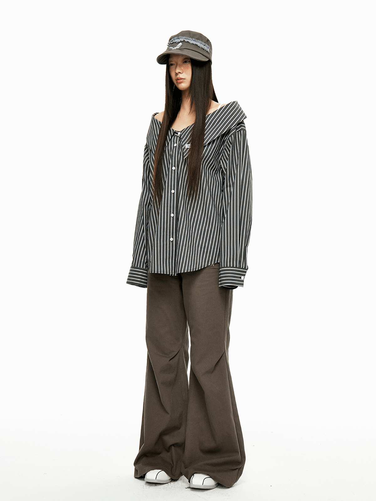Detachable Off-Shoulder Striped Shirt