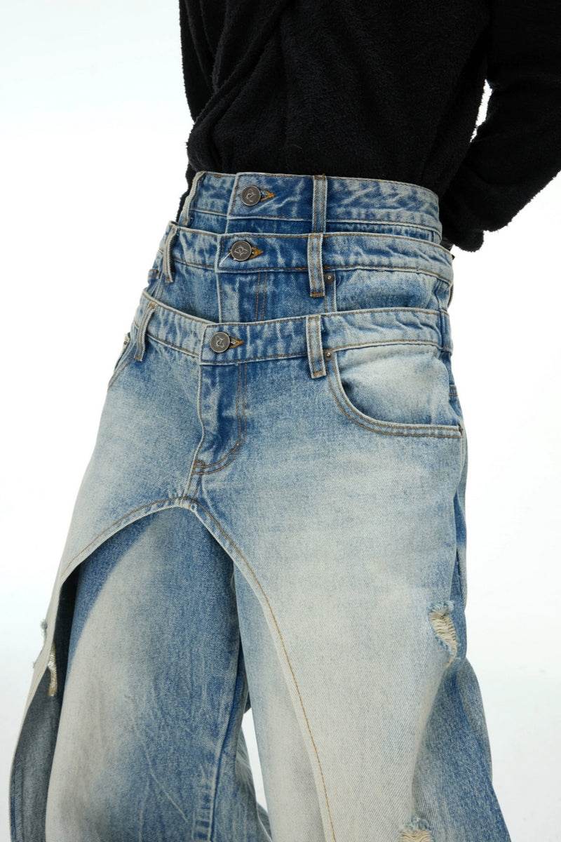 Layered Distressed Washed Blue Jeans - My Store