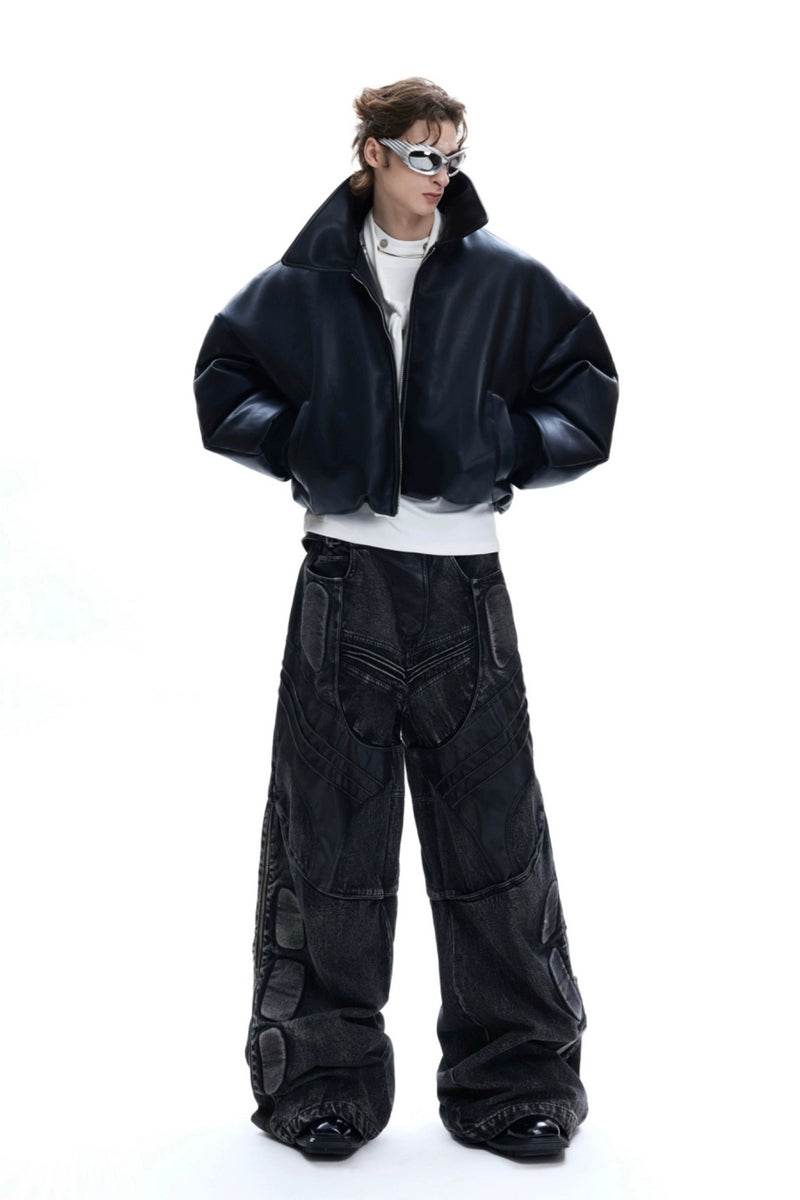 Washed Black PU Patchwork Jeans - My Store