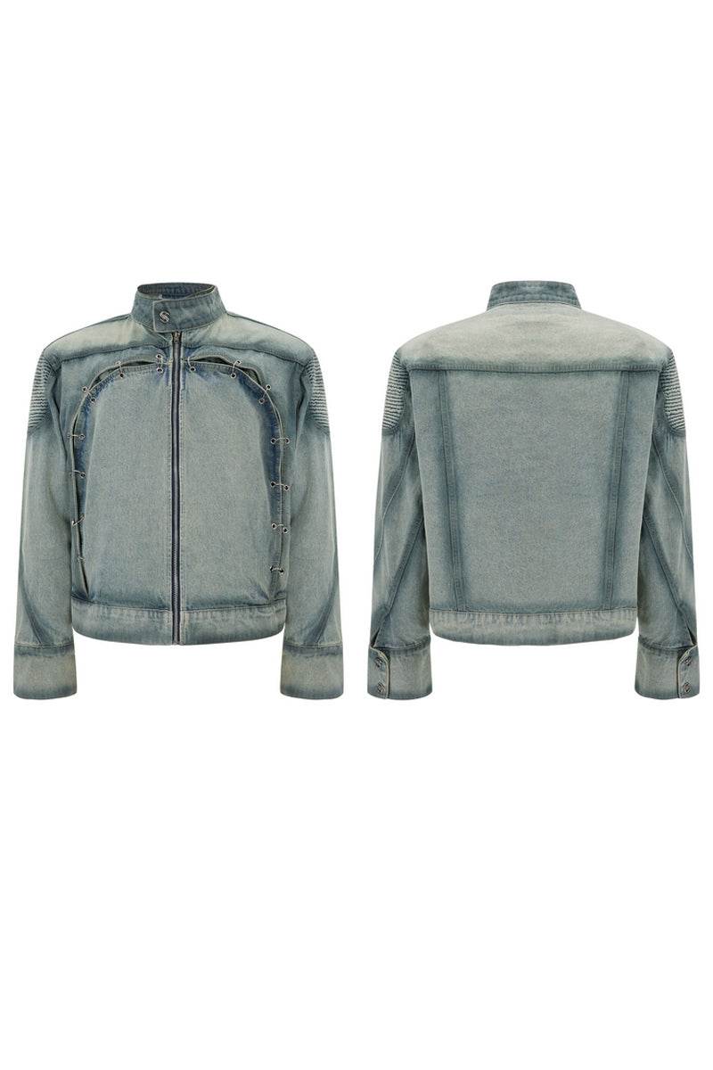 Vintage Washed Pierced Denim Jacket - My Store