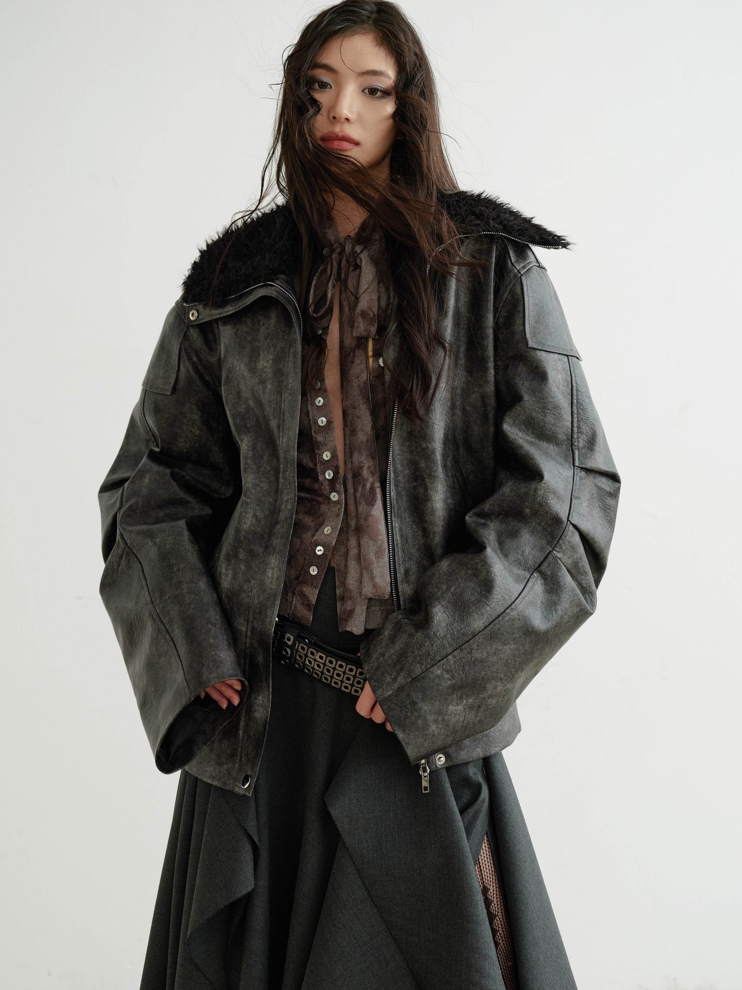 Edgy Faux Leather Fur Collar Rock Jacket - My Store