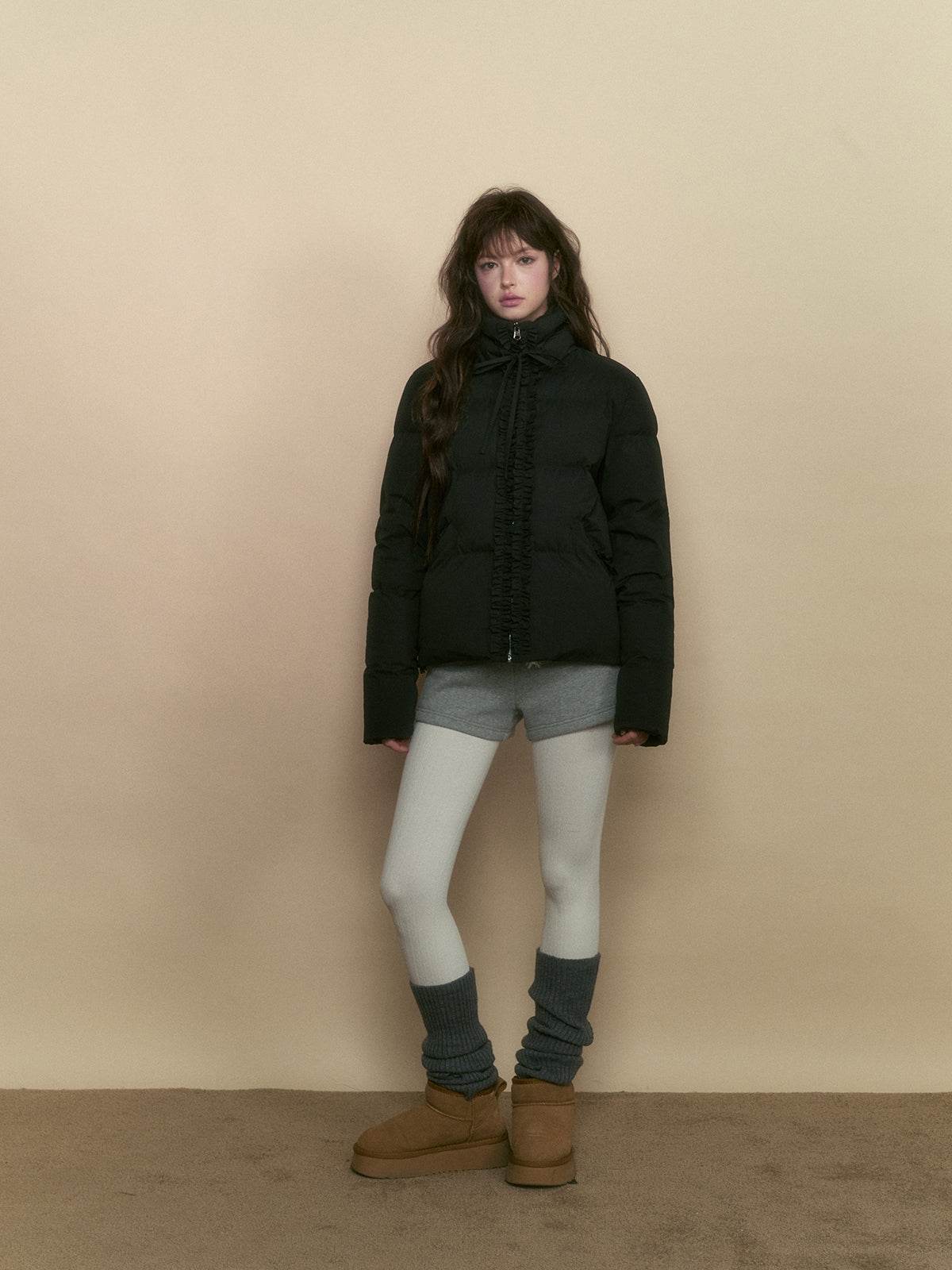 Black Ruffled Short Down Jacket - My Store