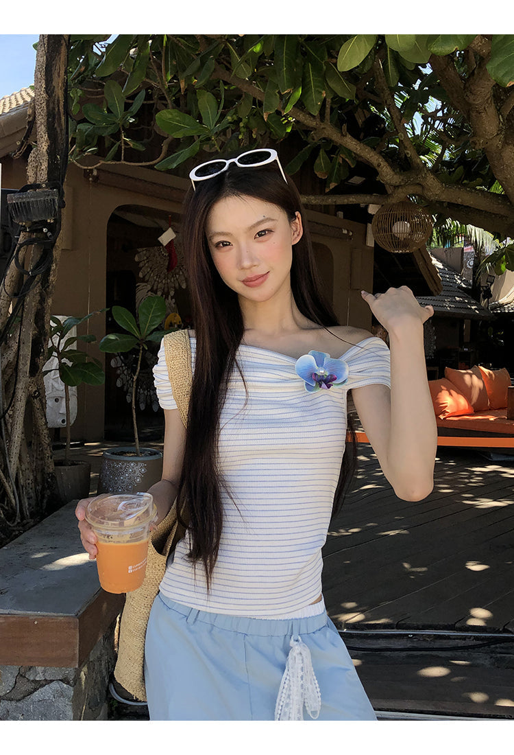 Blue Flower Off Shoulder Top
