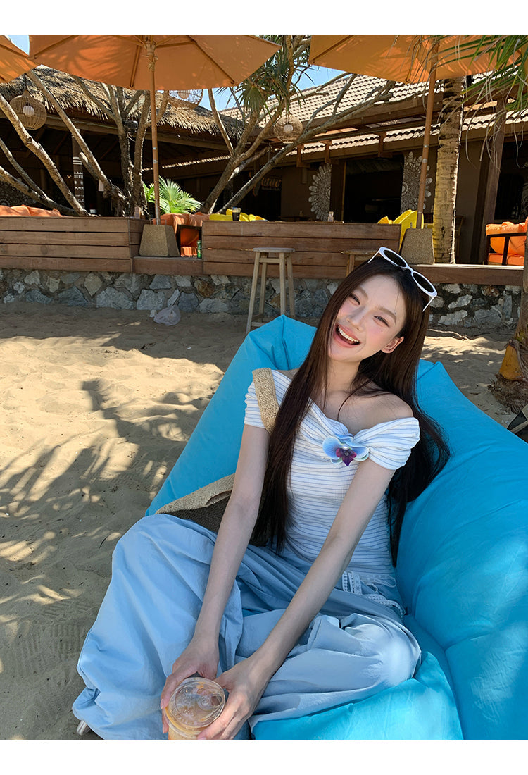 Blue Flower Off Shoulder Top