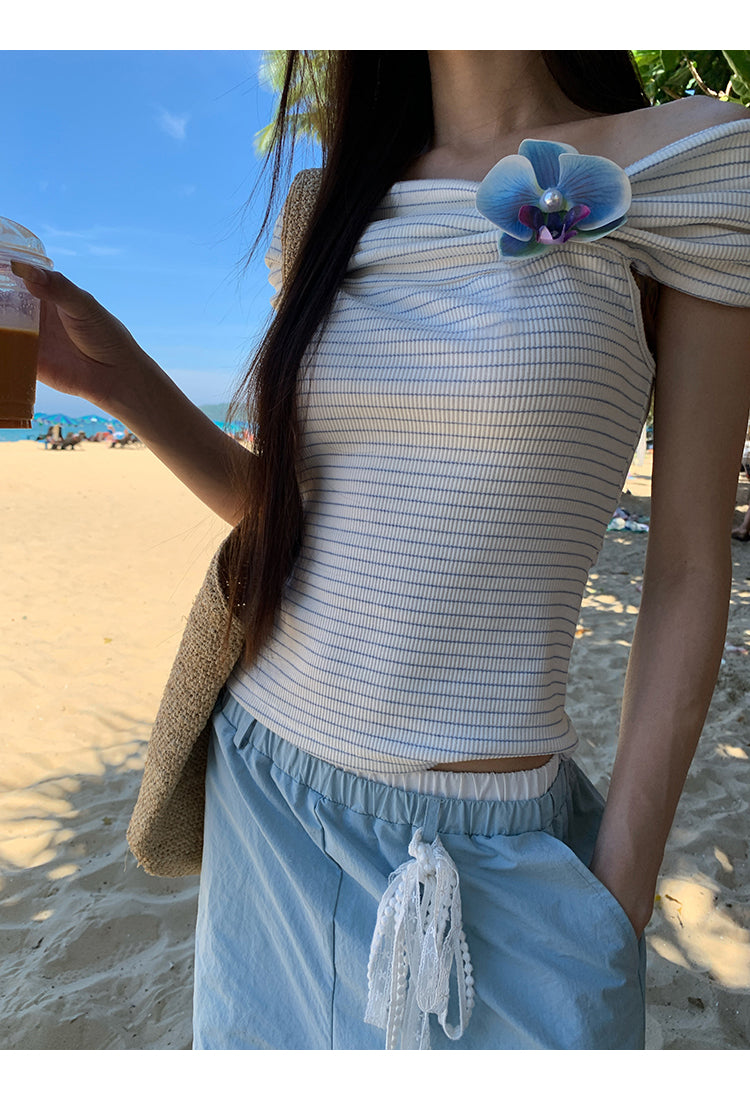 Blue Flower Off Shoulder Top