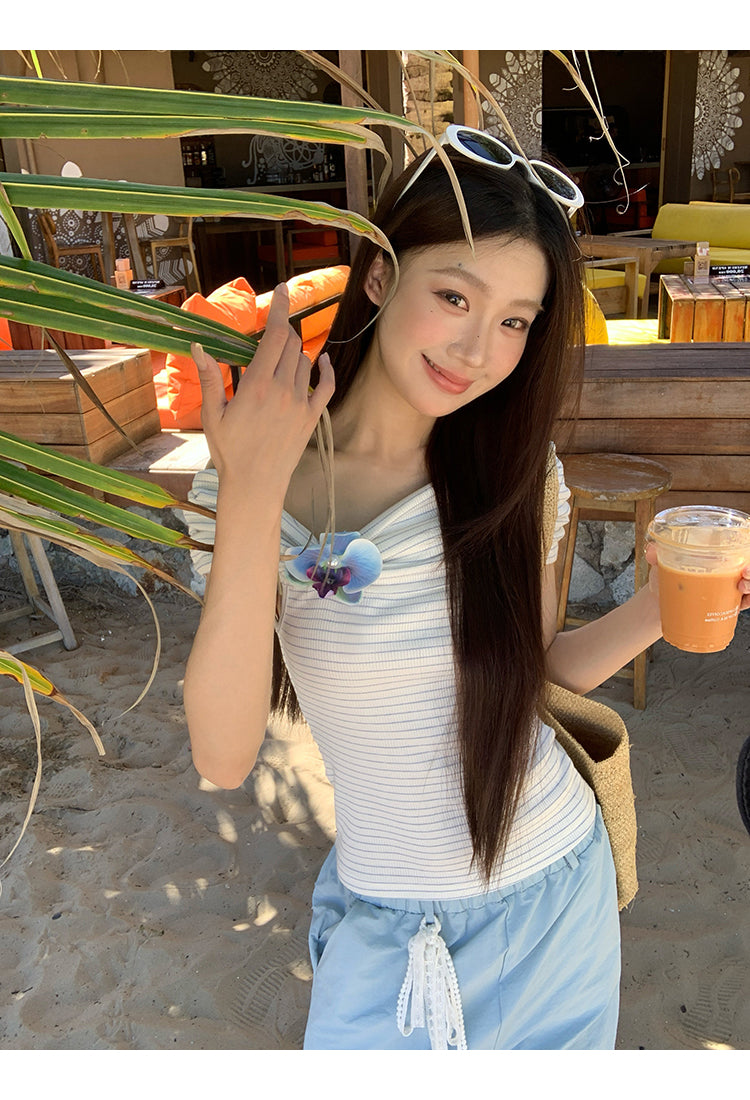 Blue Flower Off Shoulder Top