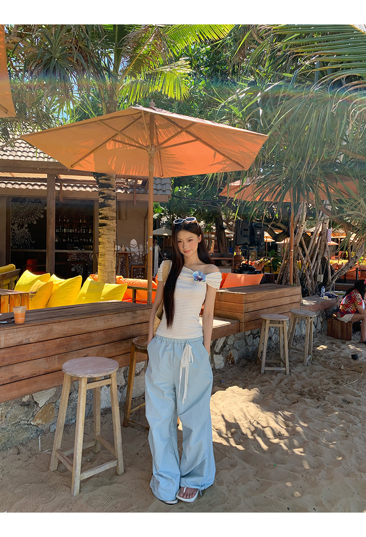 Blue Flower Off Shoulder Top