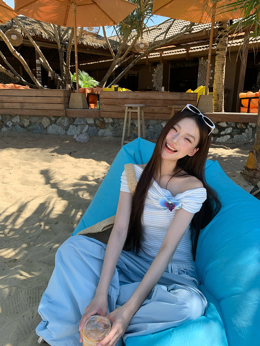 Blue Flower Off Shoulder Top