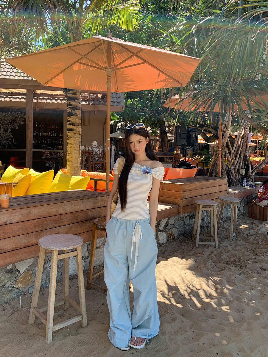 Blue Flower Off Shoulder Top