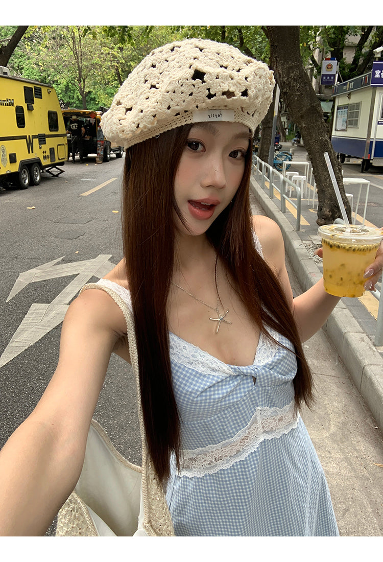 Blue Lace Plaid Dress