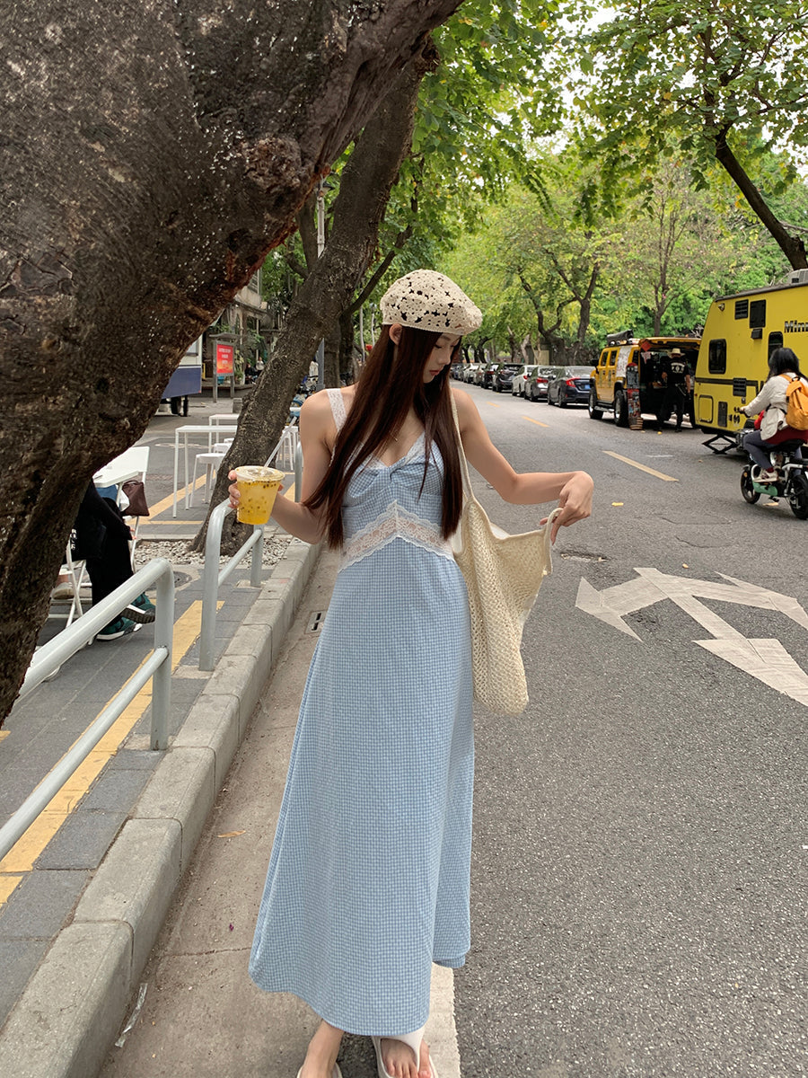 Blue Lace Plaid Dress