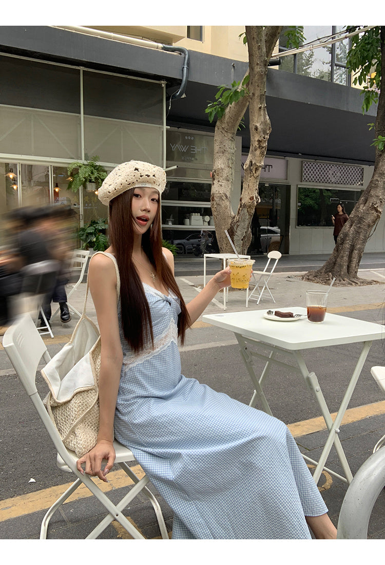 Blue Lace Plaid Dress
