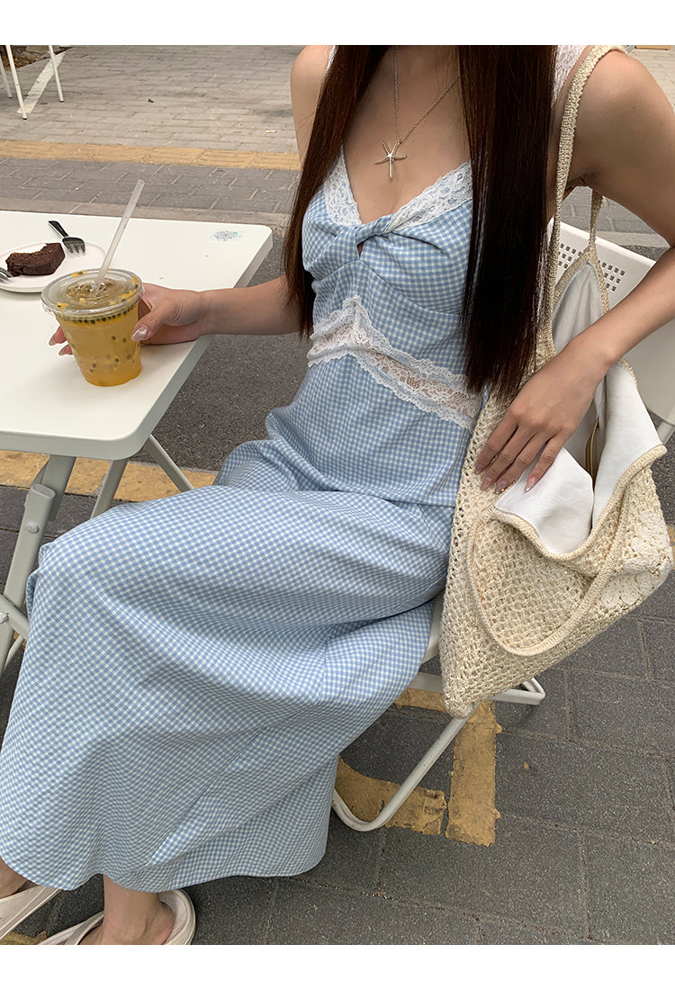 Blue Lace Plaid Dress