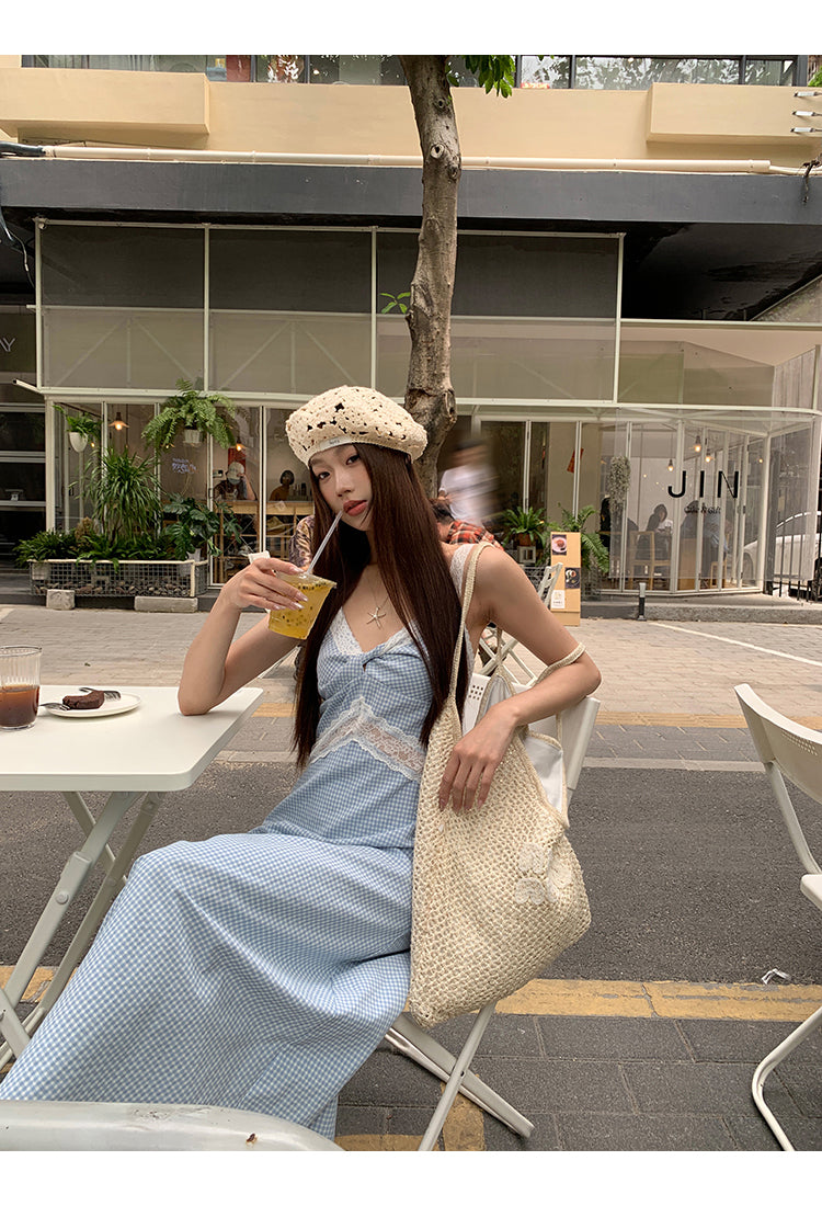 Blue Lace Plaid Dress