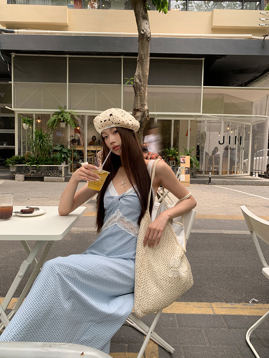 Blue Lace Plaid Dress