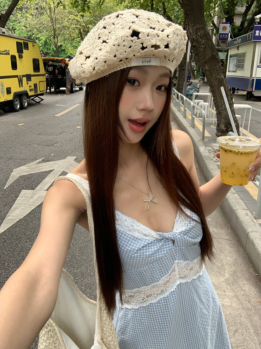 Blue Lace Plaid Dress