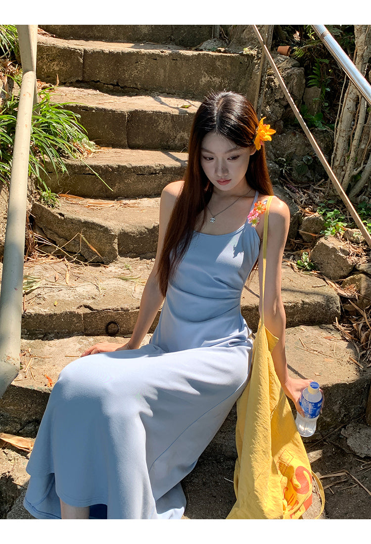 Yellow Flower Accent Blue Dress