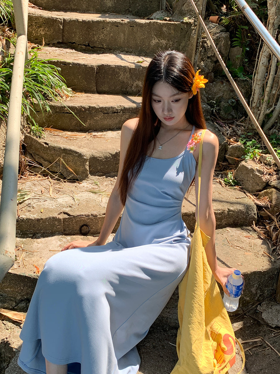 Yellow Flower Accent Blue Dress