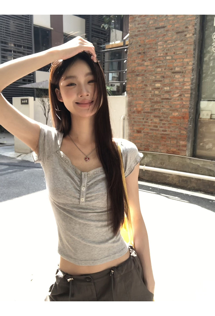 Gray Lace Trim Top