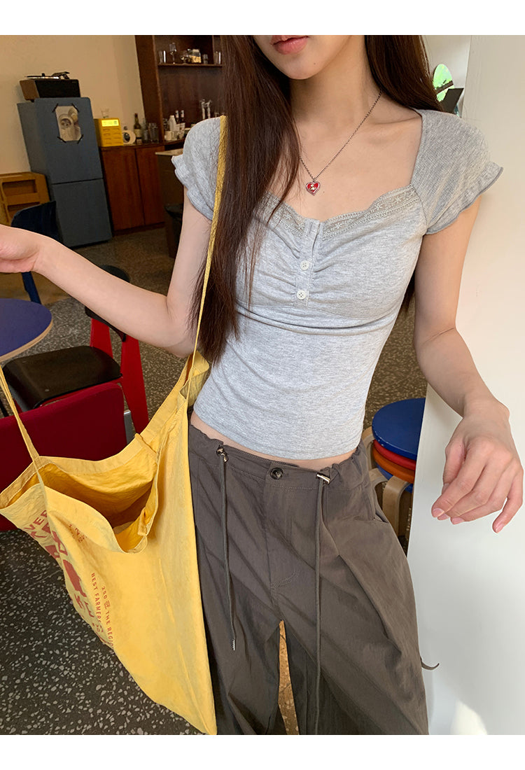 Gray Lace Trim Top