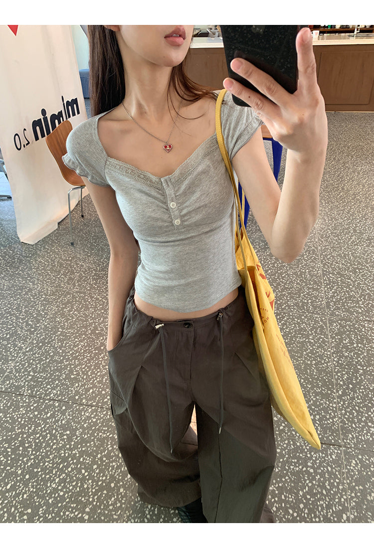 Gray Lace Trim Top