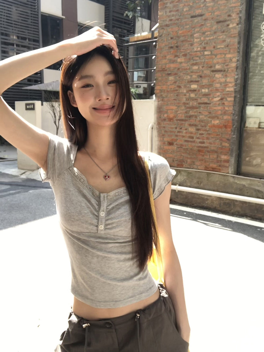 Gray Lace Trim Top
