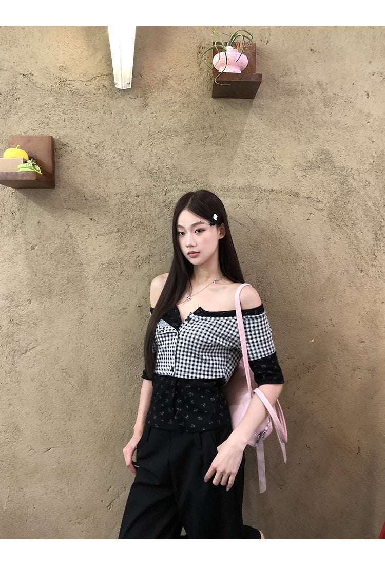 Black Plaid Print Top