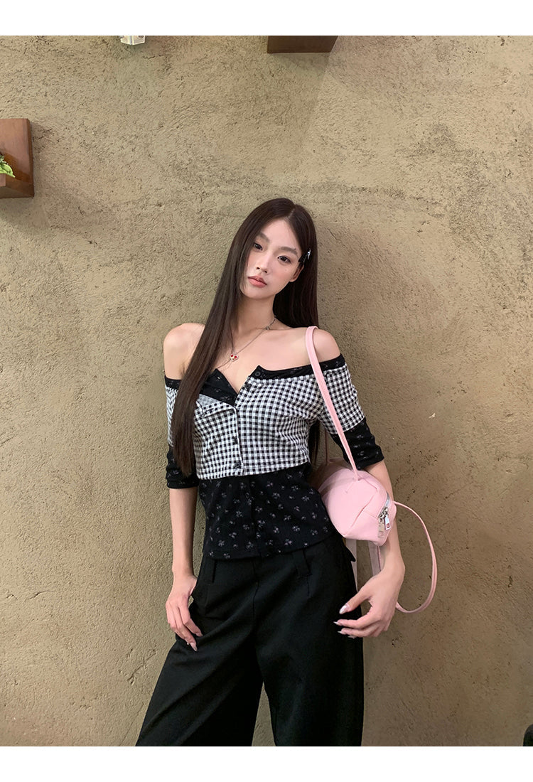 Black Plaid Print Top