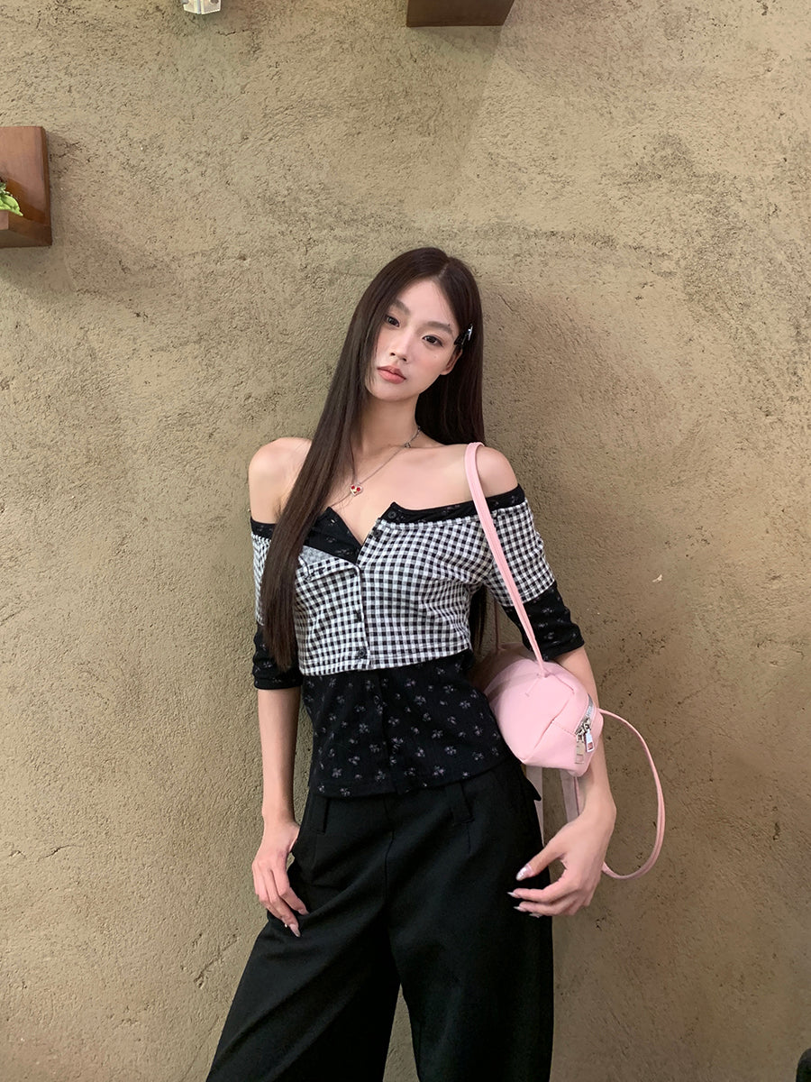 Black Plaid Print Top