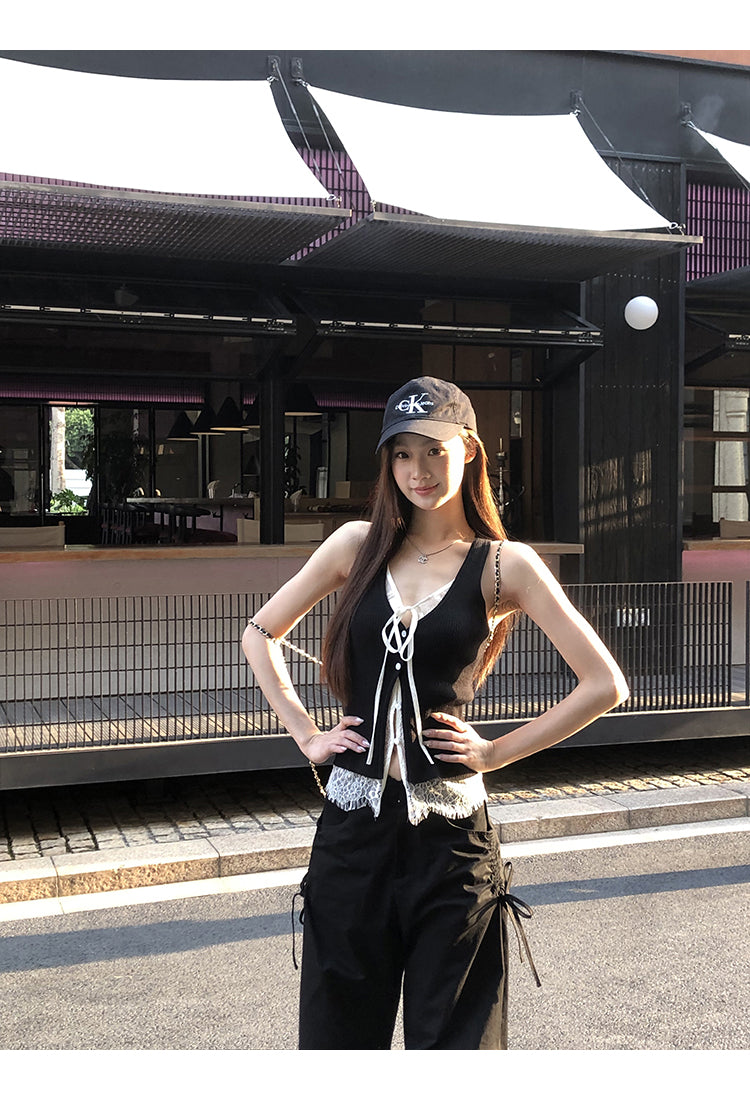 Black Double Layered Lace Camisole Top