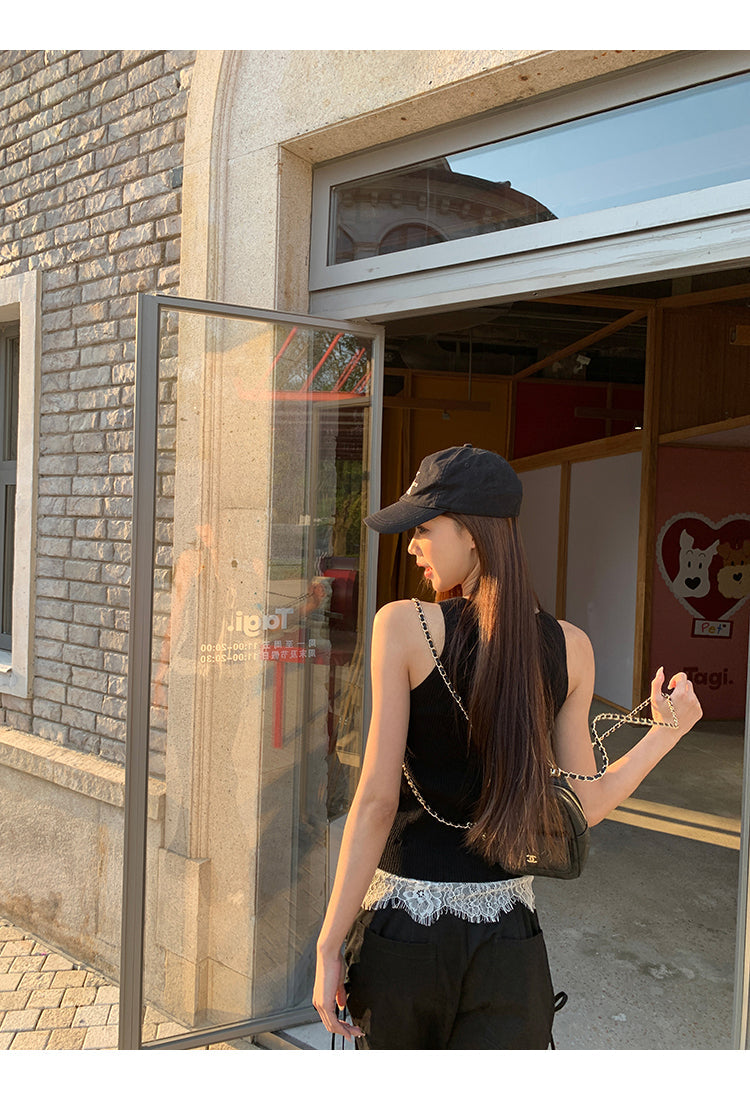 Black Double Layered Lace Camisole Top