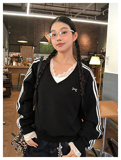 Retro Lace Trim Long Sleeve Top