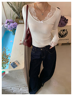 Retro Lace Trim Long Sleeve Top