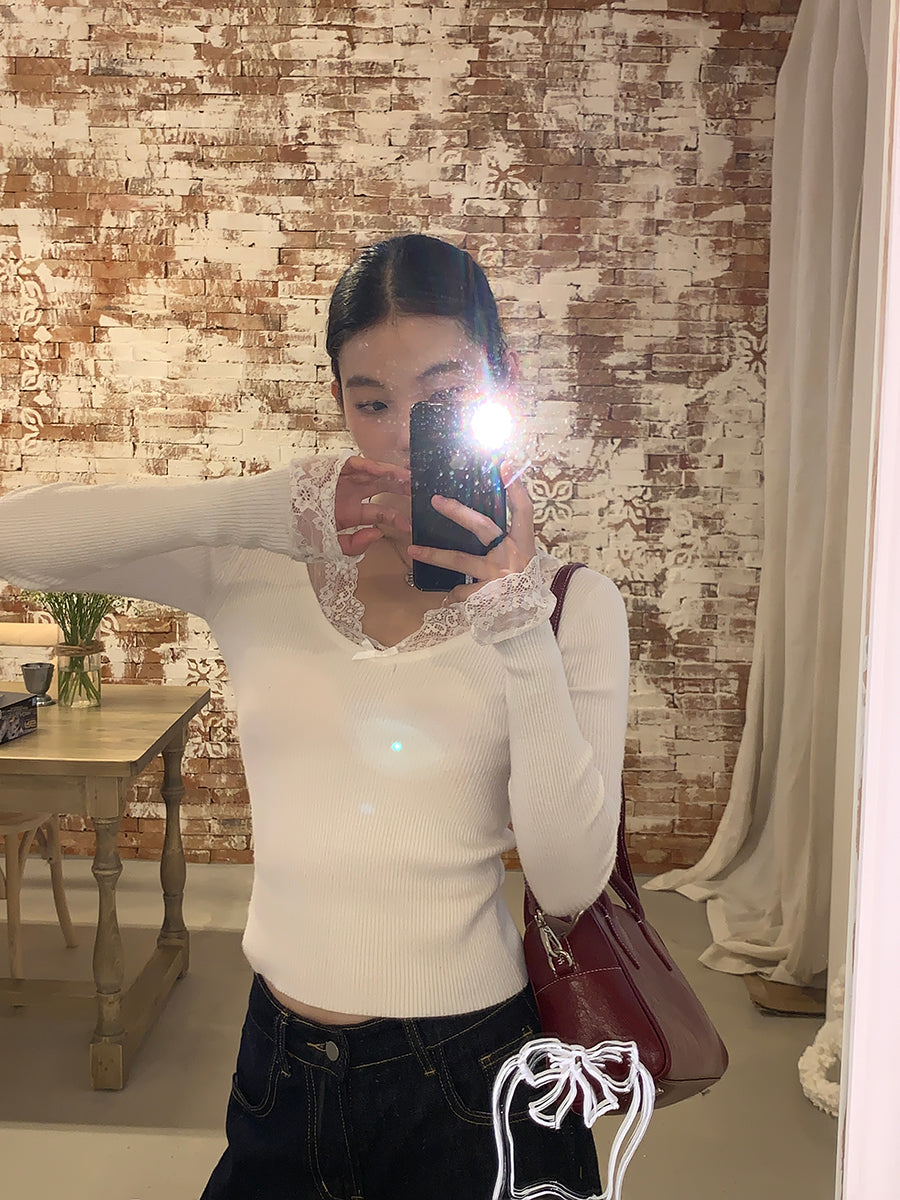 Retro Lace Trim Long Sleeve Top