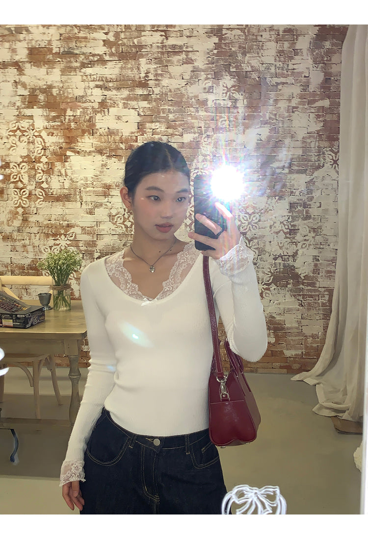 Retro Lace Trim Long Sleeve Top