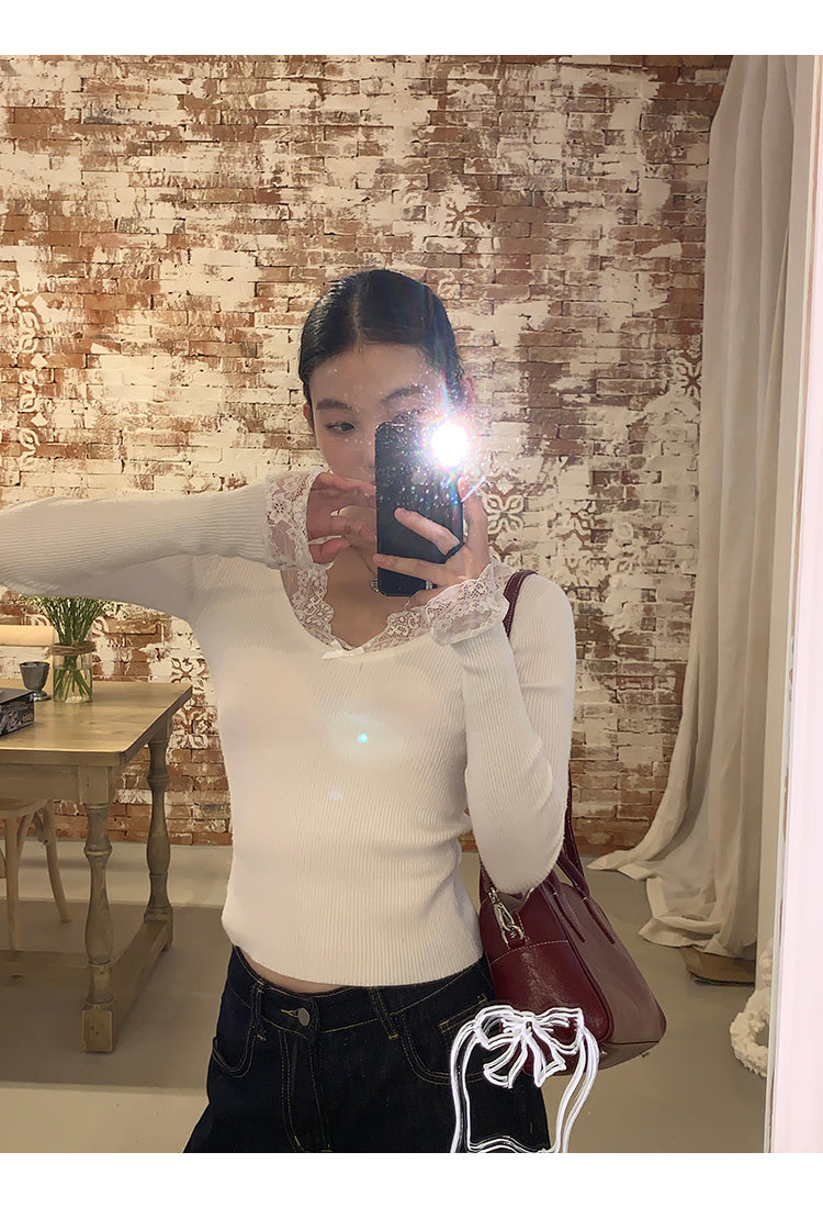Retro Lace Trim Long Sleeve Top